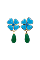 Boucles d'oreilles Amalfi trèfle turquoise et perle émeraude verre, création Haute Fantaisie Françoise Montague