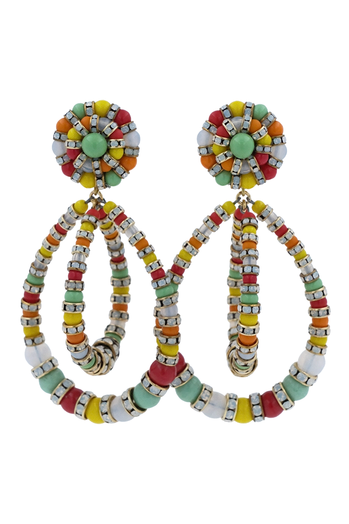 Boucles d'Oreilles en perles multicolore vert, jaune, rouge, orange et blanc et pendantes avec un fermoir clip