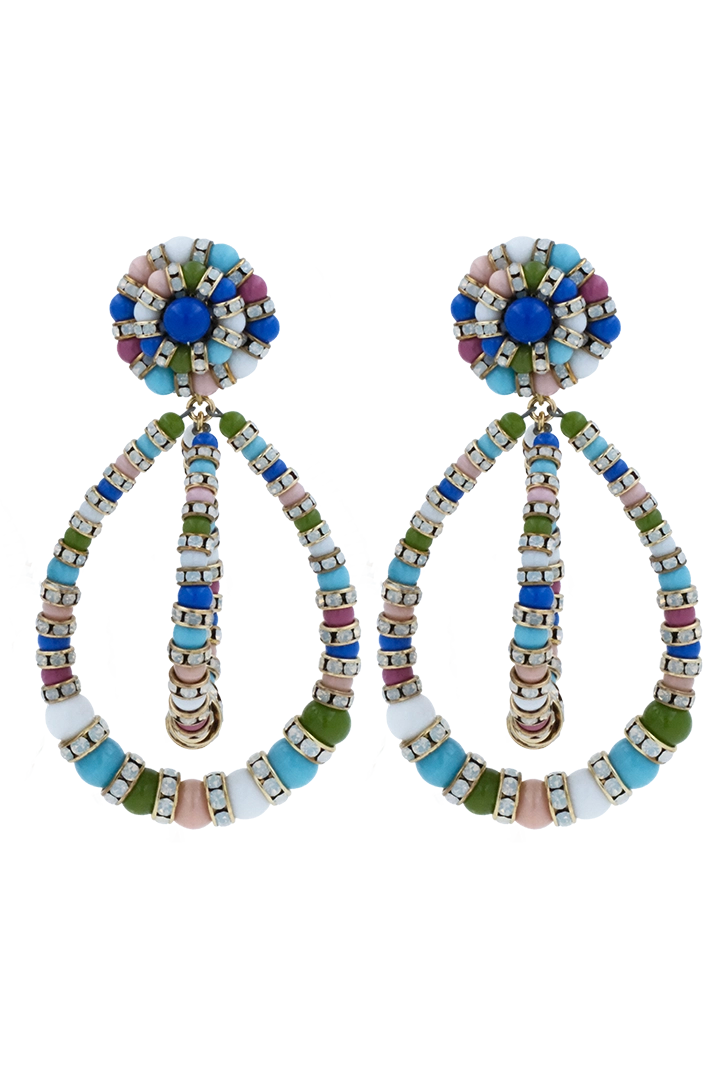 Boucles d'Oreilles en perles multicolore bleu, vert, rose et turquoise large et pendantes avec un fermoir clip