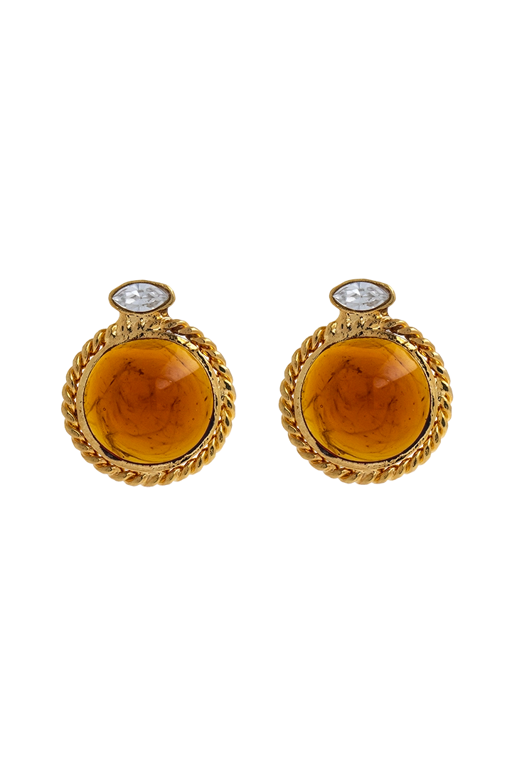 boucles d'oreillles percées ronde en pâte de verre couleur topaze orange détaill dorée 