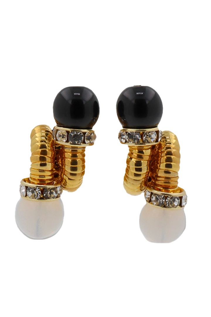 Boucles d'oreilles Charenton dorées à l'or fin, cabochons Noir et blanc à l'éclat raffiné