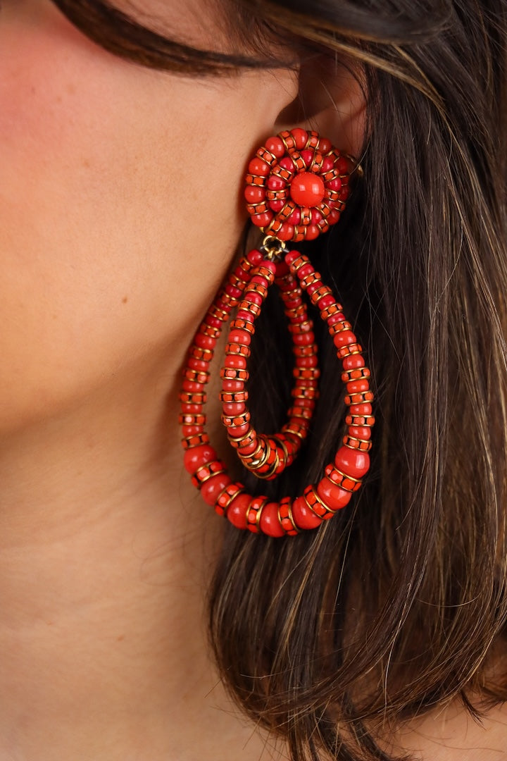 Boucles d'oreilles XXL rouge corail rondelles de strass et perles pendantes femme 