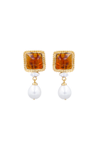 Boucles d'oreilles Mansart pendantes perles et pâte de verre topaze orange et fermoir clip 