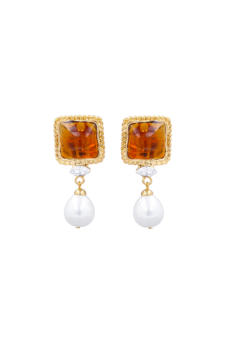 Boucles d'oreilles Mansart pendantes perles et pâte de verre topaze orange et fermoir clip 