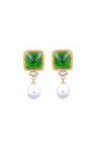 Boucles d'oreilles Mansart pendantes perles et pâte de verre emeraude et fermoir clip toutes oreilles