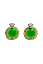 boucles d'oreillles percées ronde en pâte de verre couleur emeraude déatil dorée 