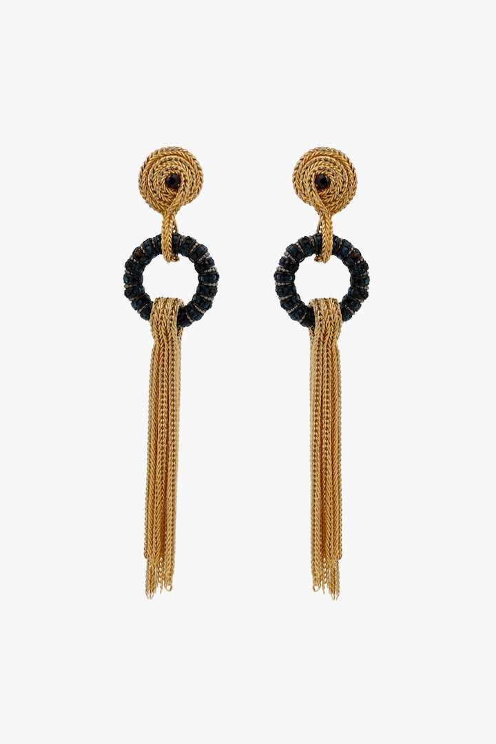 Boucles d'oreilles en chaîne doré et rondelle de strass bleu saphir fonce - bijou fait main en France