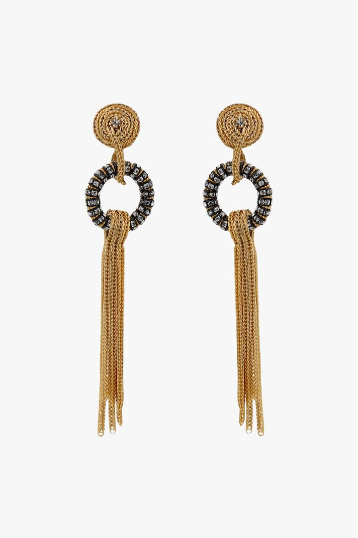 Boucles d'oreilles en chaîne doré et rondelle de strass noir cristal