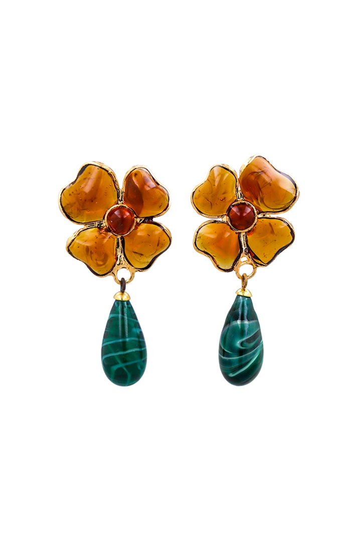 Boucles d'oreilles Amalfi trèfle topaze et goutte émeraude en pâte de verre, bijou de caractère Maison Paris 1945