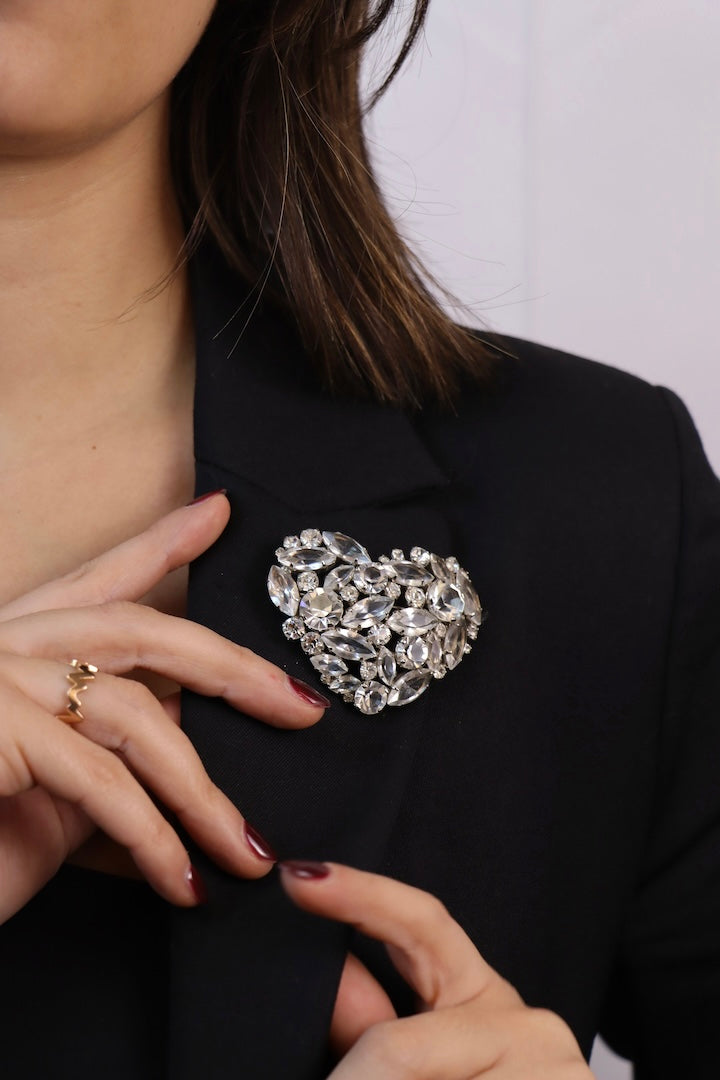 Broche en strass transparent vintage en forme de coeur 