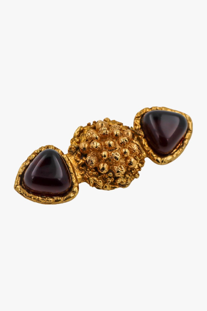 Petite broche dorée détail pâte de verre améthyste violet 
