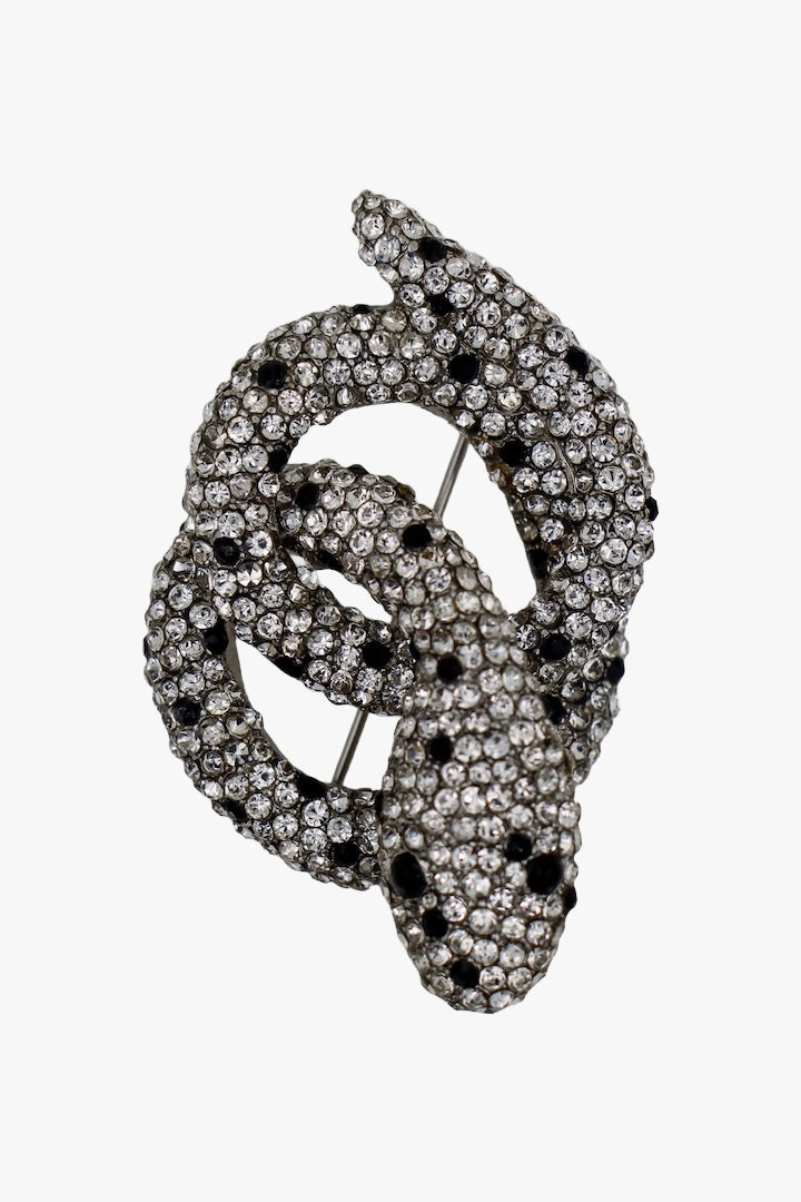 Broche en forme de serpent en strass noir et argenté vintage de luxe