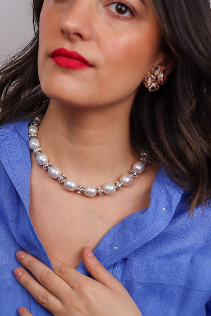 Collier de perles blanches nacrée et strass Swarovski bijoux fantaisie 