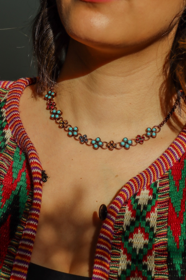 Ras de cou chocker femme fantaisie bleu turquoise chaîne cuivrée collier