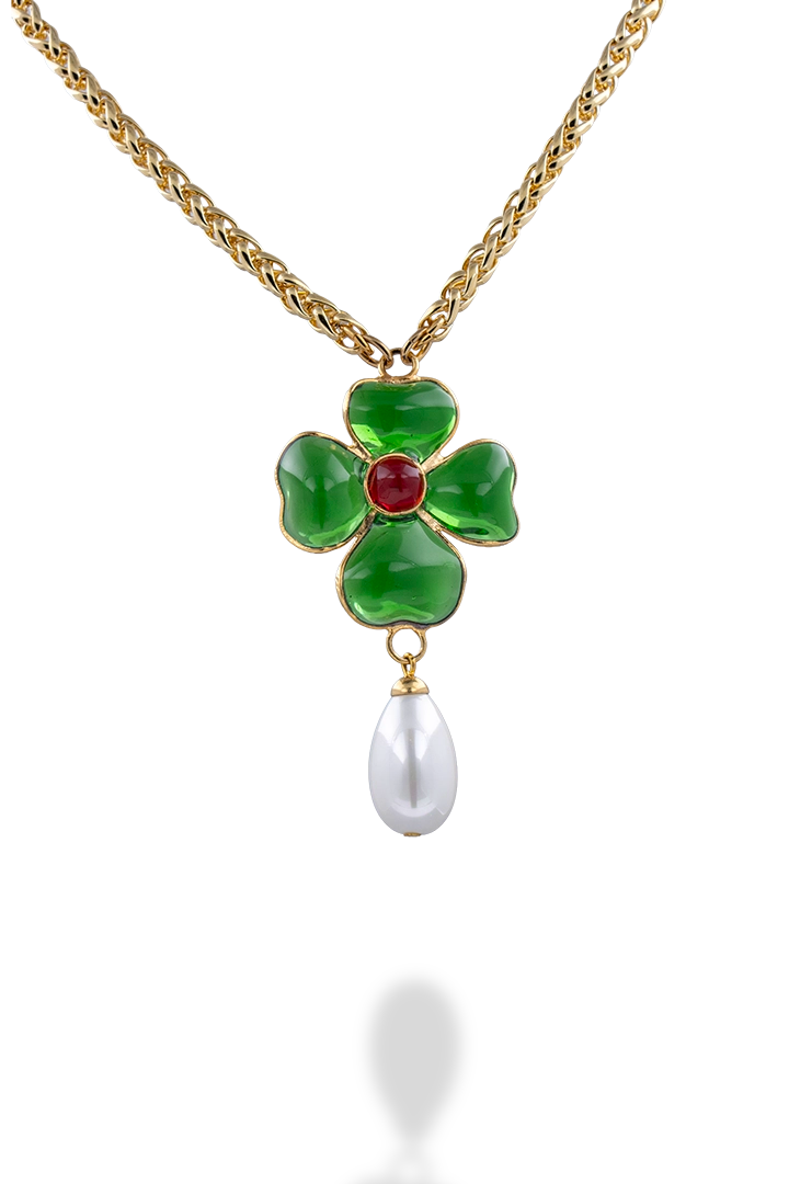 Collier en pâte de verre fait à la main en France Emeraude transparent centre rubis