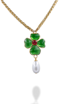 Collier en pâte de verre fait à la main en France Emeraude transparent centre rubis