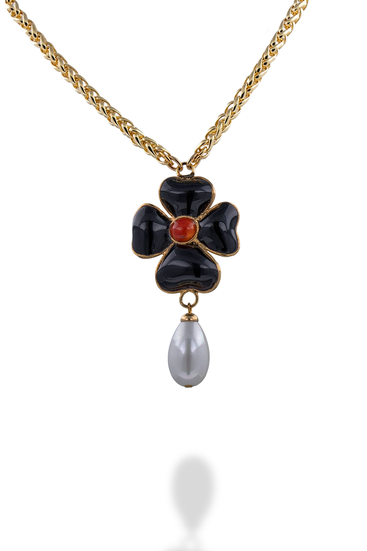 Collier en pâte de verre fait à la main en France Noir centre corail 