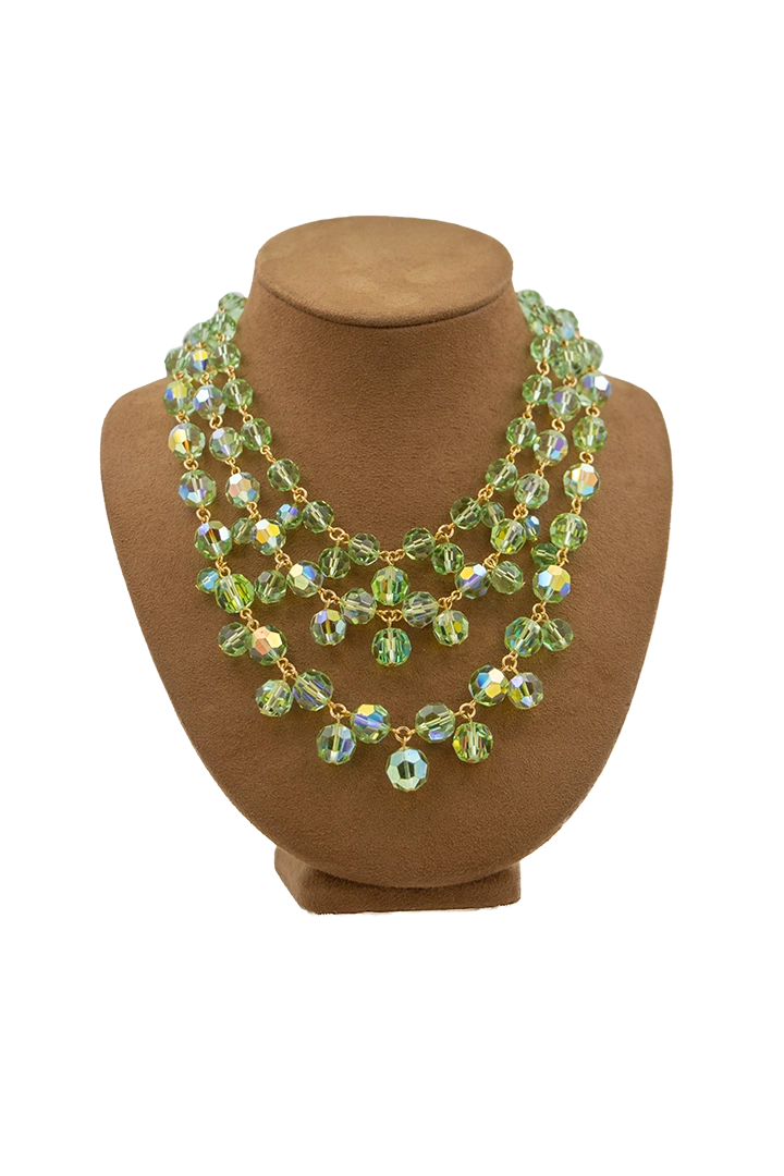 Collier 3 rangs perles vert Françoise Montague, brillance irisée, bijou couture tendance artisanale
