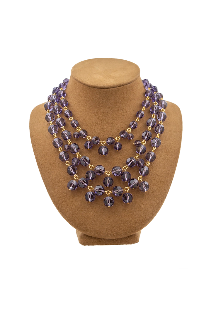 Collier 3 rangs perles violet améthyste Françoise Montague, reflets dorés et irisés, look audacieux