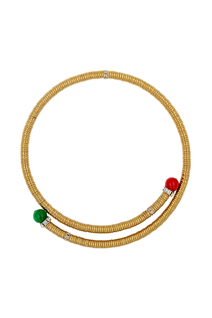 Collier court ras de cou Charenton dorées à l'or fin, cabochons chryso et corail à l'éclat raffiné