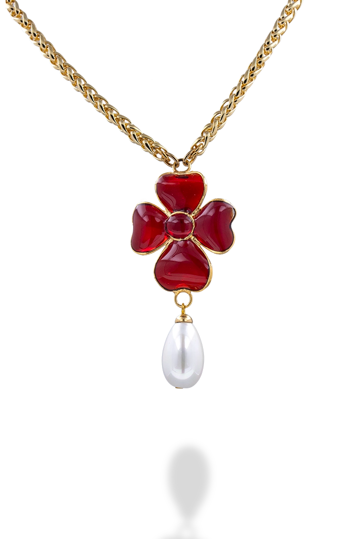 Collier en pâte de verre fait à la main en France Rubis et perles