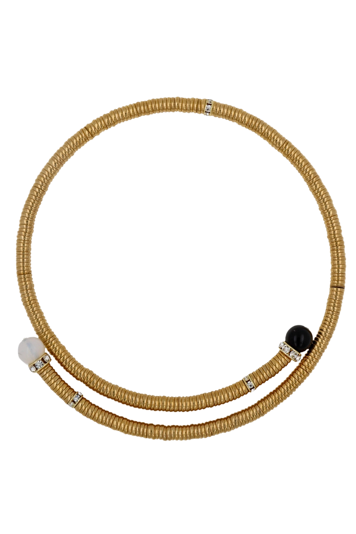 Collier ras de cou dorée et perles blanche et perle noir et strass dorée et argentée