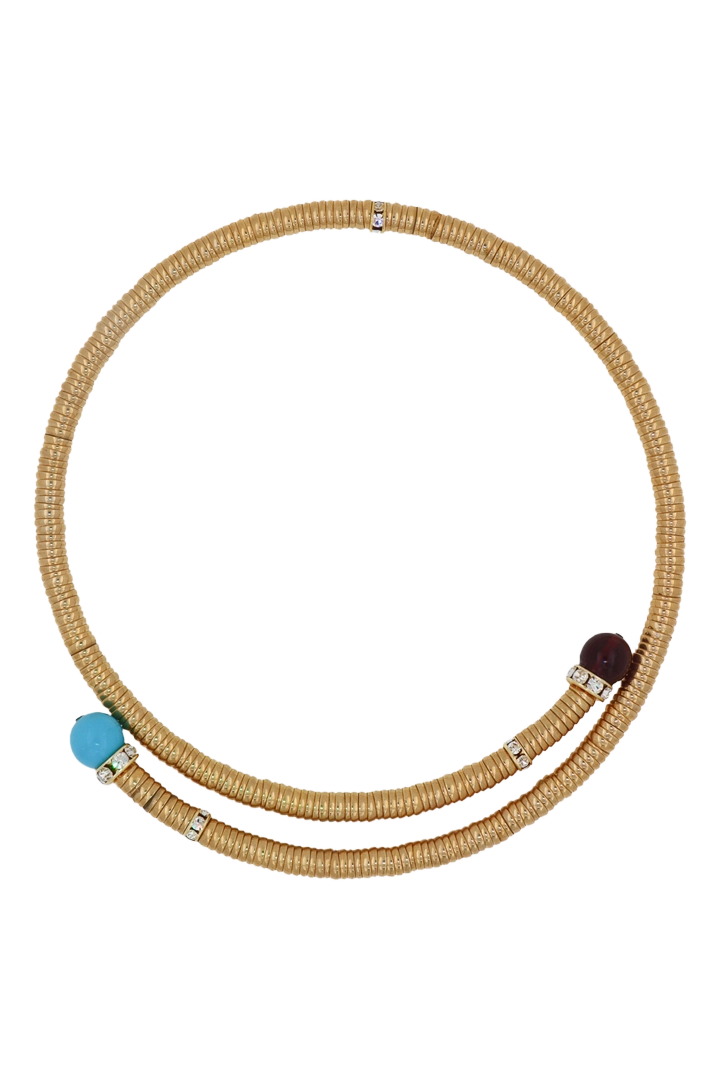 Collier ras de cou dorée et perles bleu clair turquoise et amethyste et strass argentée