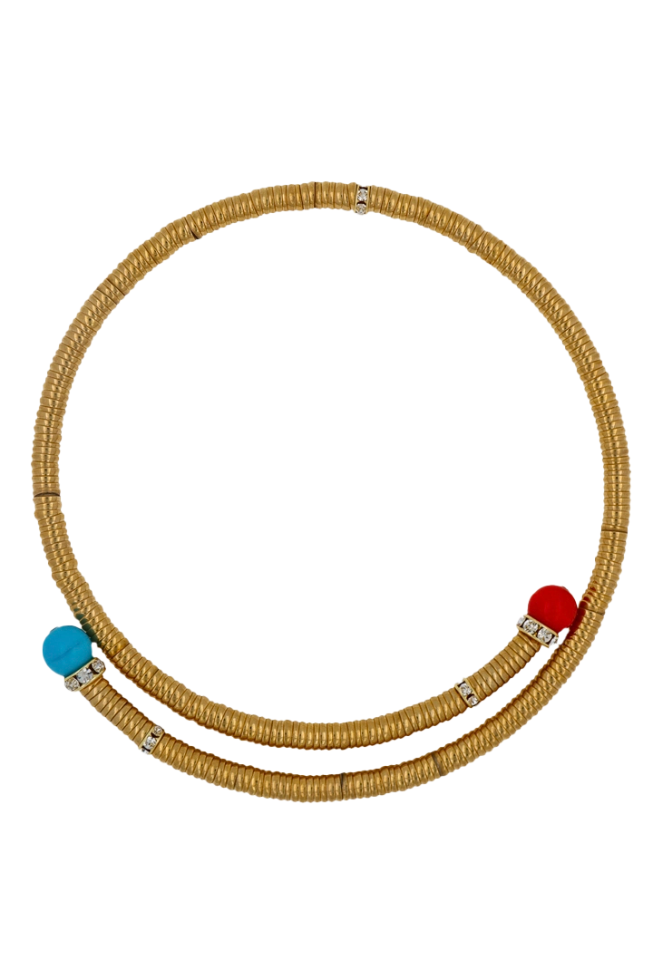 Collier ras de cou dorée et perles turquoise et corail et strass