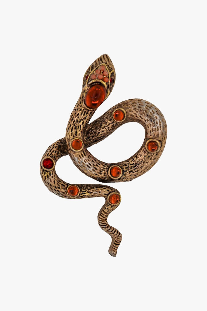 Broche vintage serpent doré ornée de pierres rouges topaze - fantaisie 