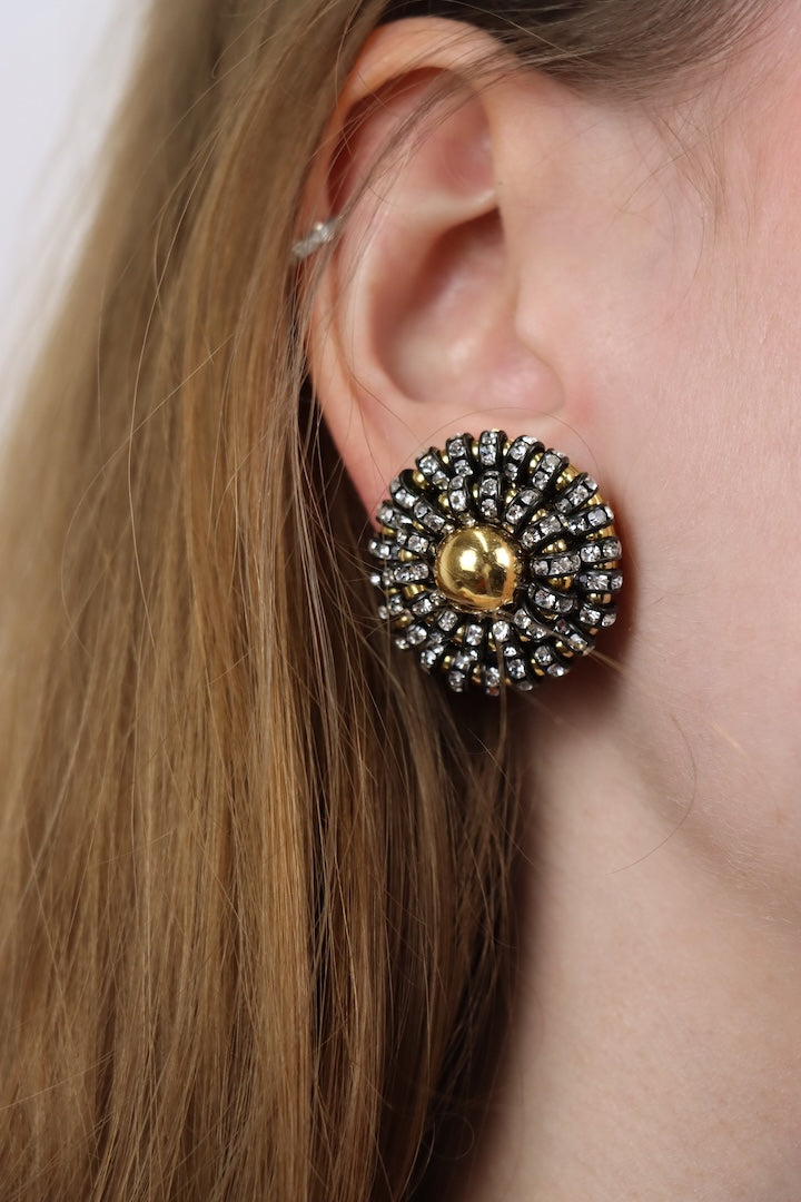 Boucles d'oreilles ronde cabochon en perles Dorée et strass noir et argentée  Bijou fait main 