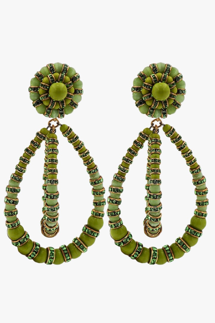 Boucles d'oreilles XXL vert anis perles et rondelles de strass détail doré fermoir clip 