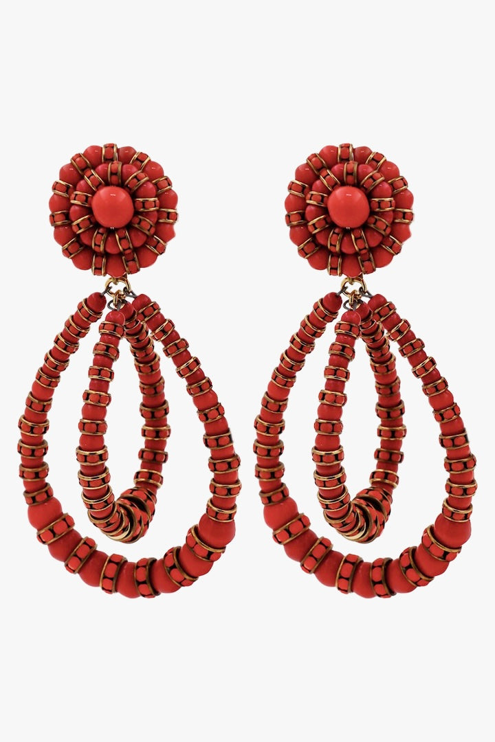 Boucles d'oreilles pendantes XXL fermoir clip rouge corail perles et rondelles de strass femme 