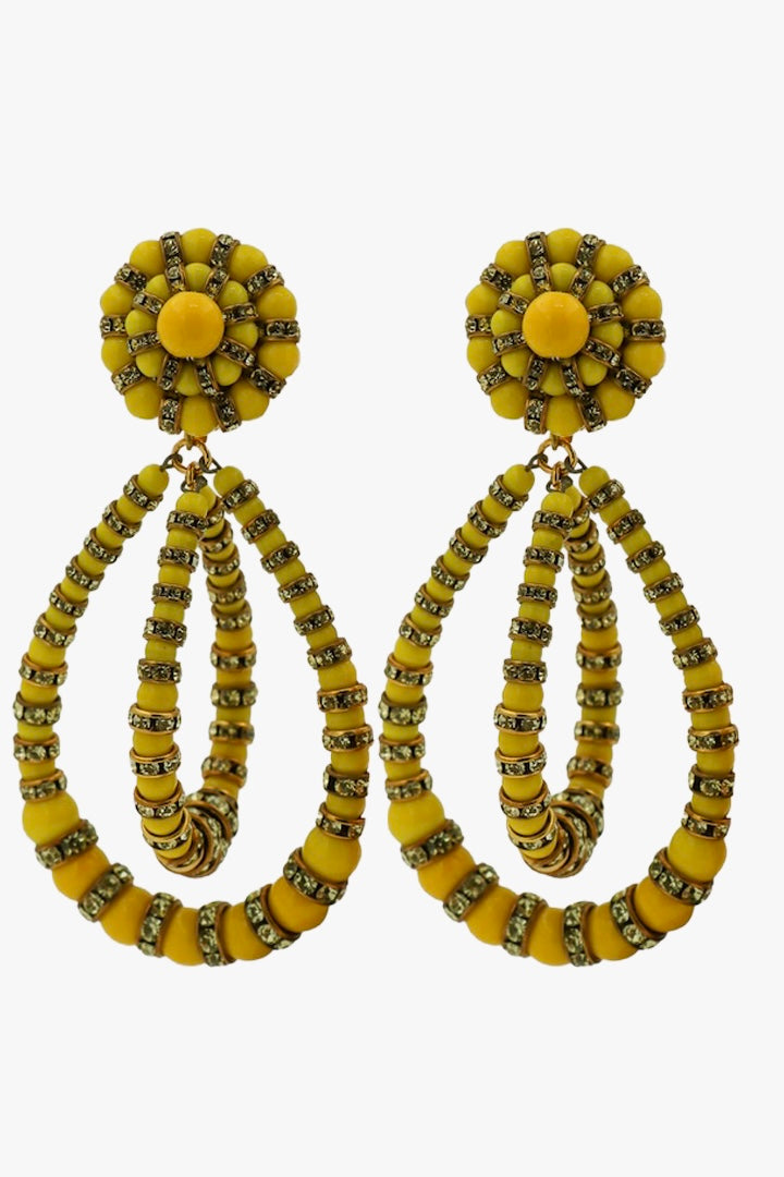 boucles d'oreilles XXL perles jaunes et rondelles de strass pendantes femmes tendance mode 