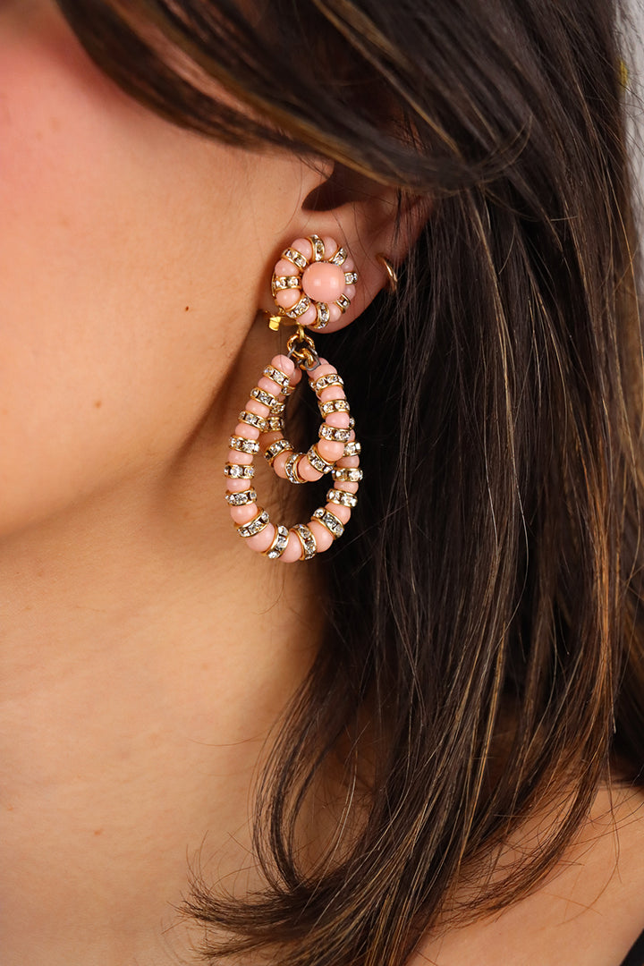 Boucles d'Oreilles Lolita perles Rose pâtes et strass dorée et cristal pendantes small