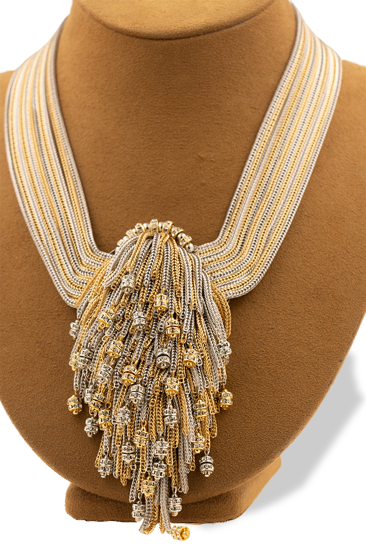 Collier couture fait à la main en France en chaine multiple bicolore dorée et argentée et rondelle de strass - bijou de luxe