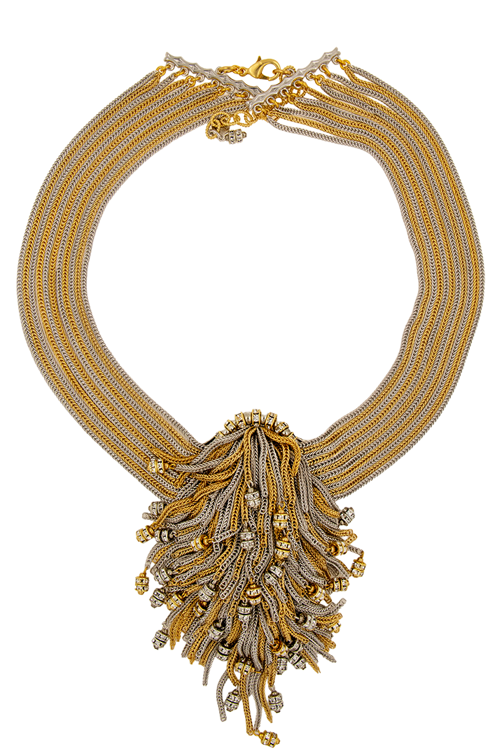 Collier couture fait à la main en france en chaîne dorée te argentée et rondelles de strass cristal 