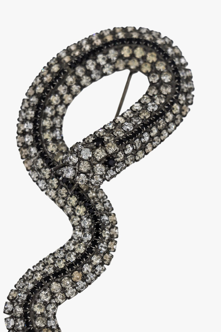 Grosse broche en forme de serpent en strass blanc et noir