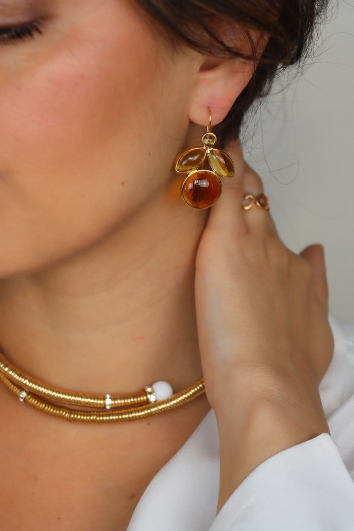 Boucles d'oreilles en forme d'abeille en pâte de verre couleur jaune orange topaze miel détail doré