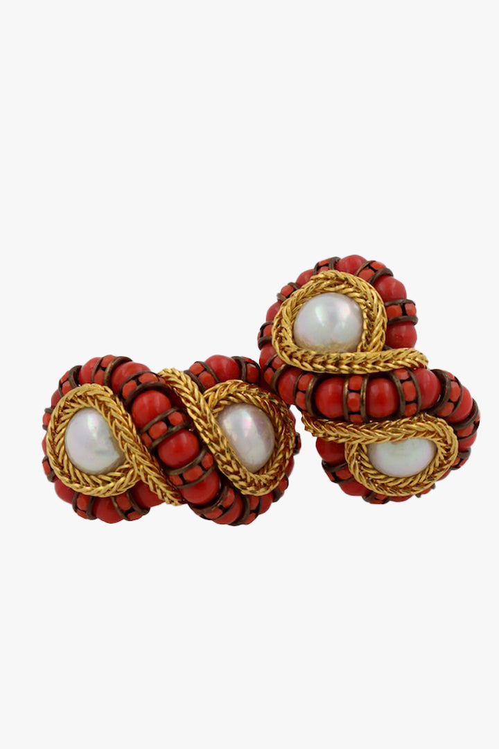 Boucles d'oreilles ronde en perles et en strass fermoir clip corail et doré fermoir clip