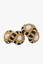 Boucles d'oreilles ronde en perles et en strass fermoir clip noir , doré et blanc
