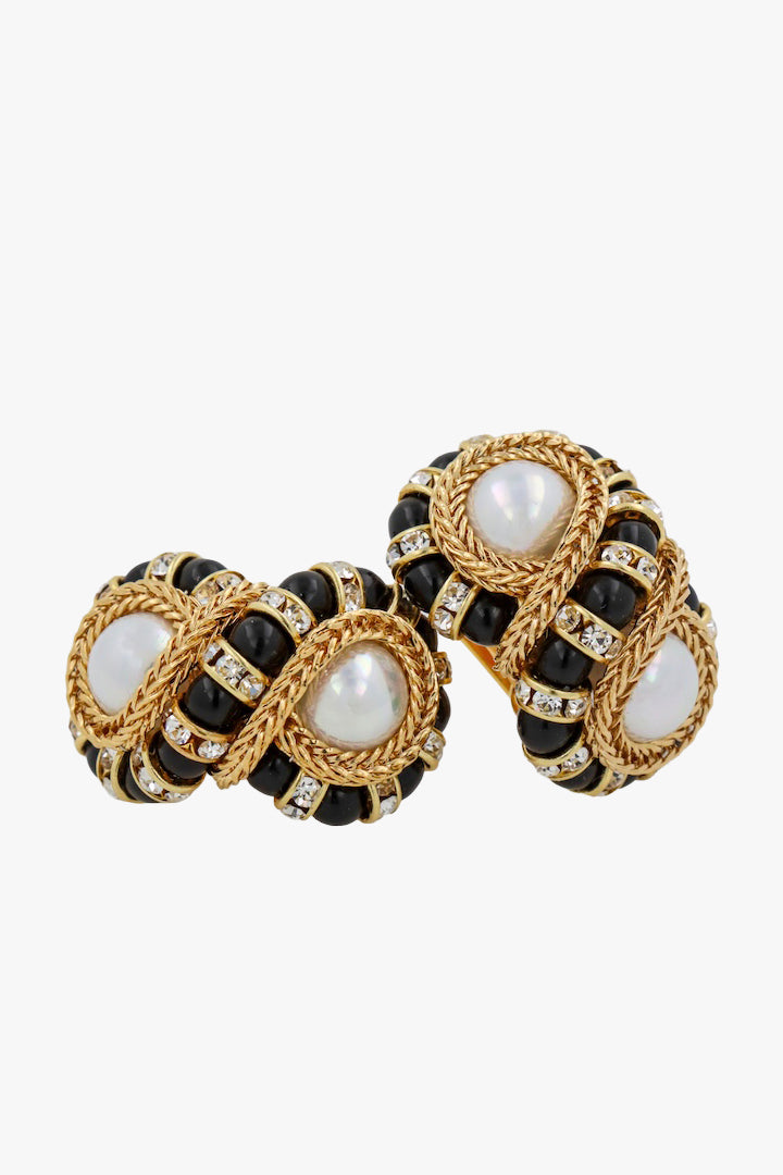 Boucles d'oreilles ronde en perles et en strass fermoir clip noir , doré et blanc