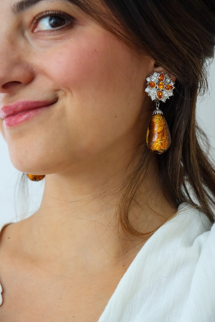 Boucles d'oreilles Pendantes fermoir clip argentée et perles de venise Topaze 