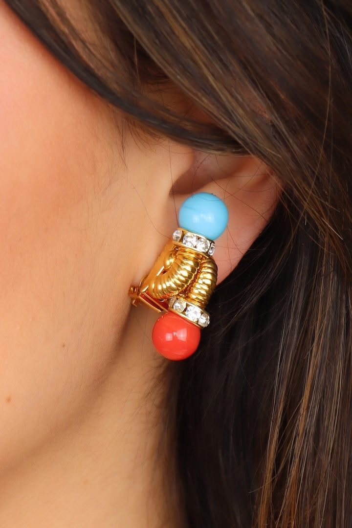Boucles d'oreilles dorées perles bleu turquoise et rouge corail bijou fait main et rondelle de strass Swarovski 