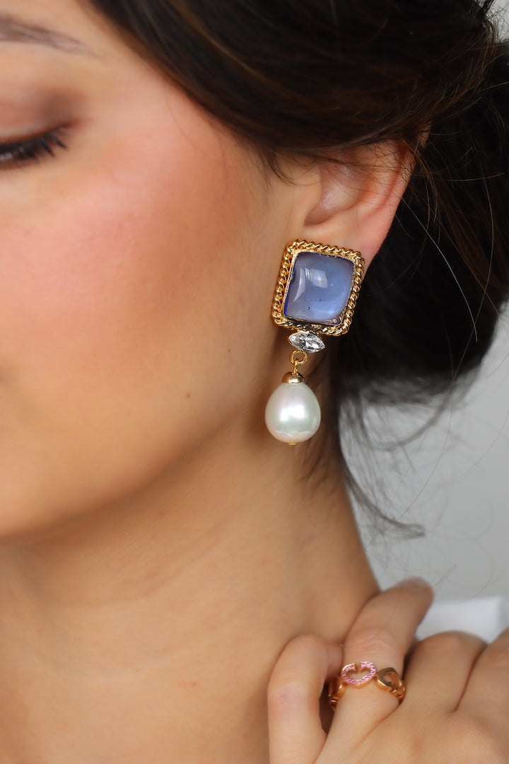 Paire de Boucles d'Oreilles Bleu Saphir pendantes en pâte de verre fantaisie