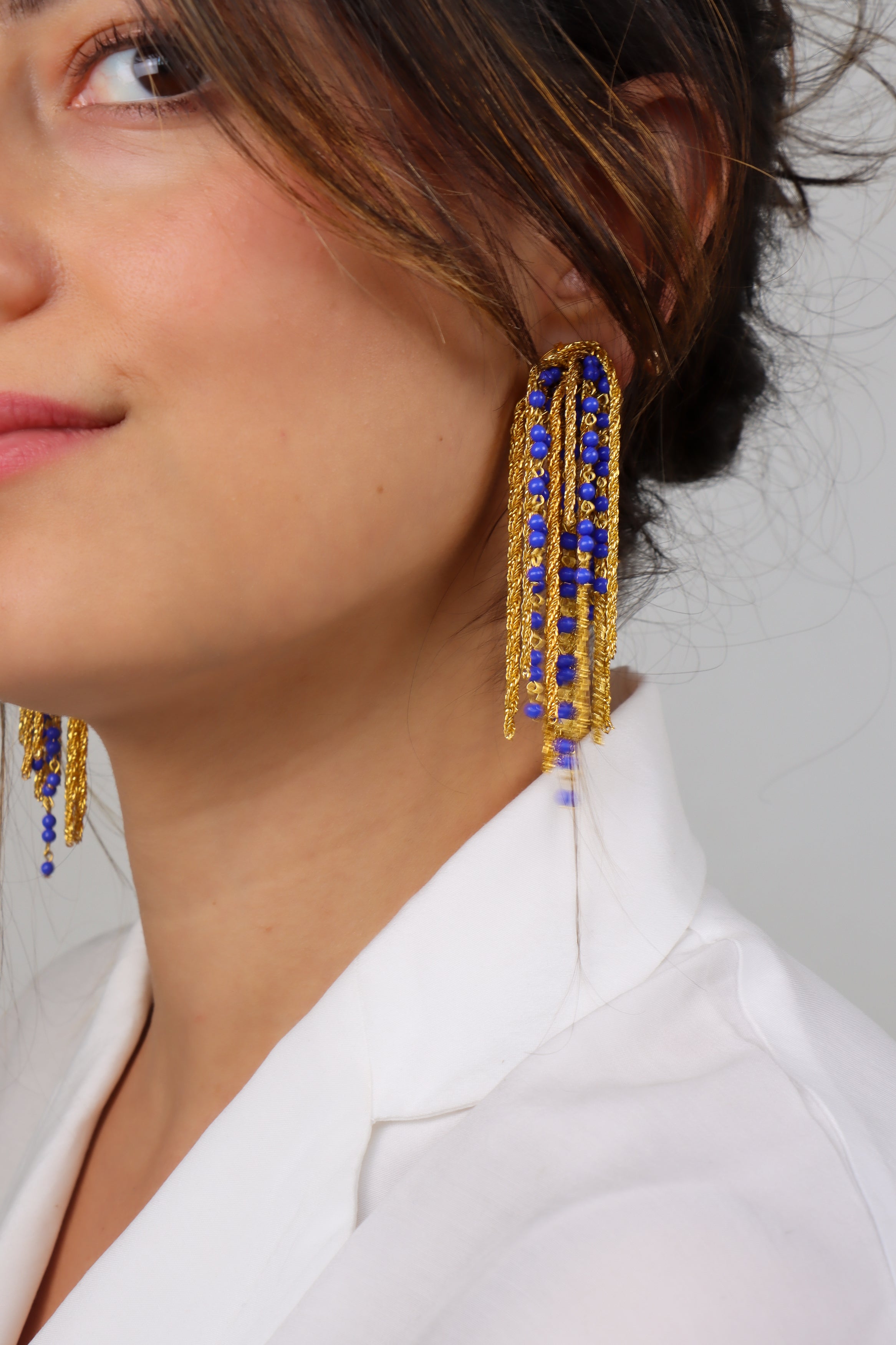 boucles d'oreilles dorée Gonzague perle bleu clip bijou fait main 