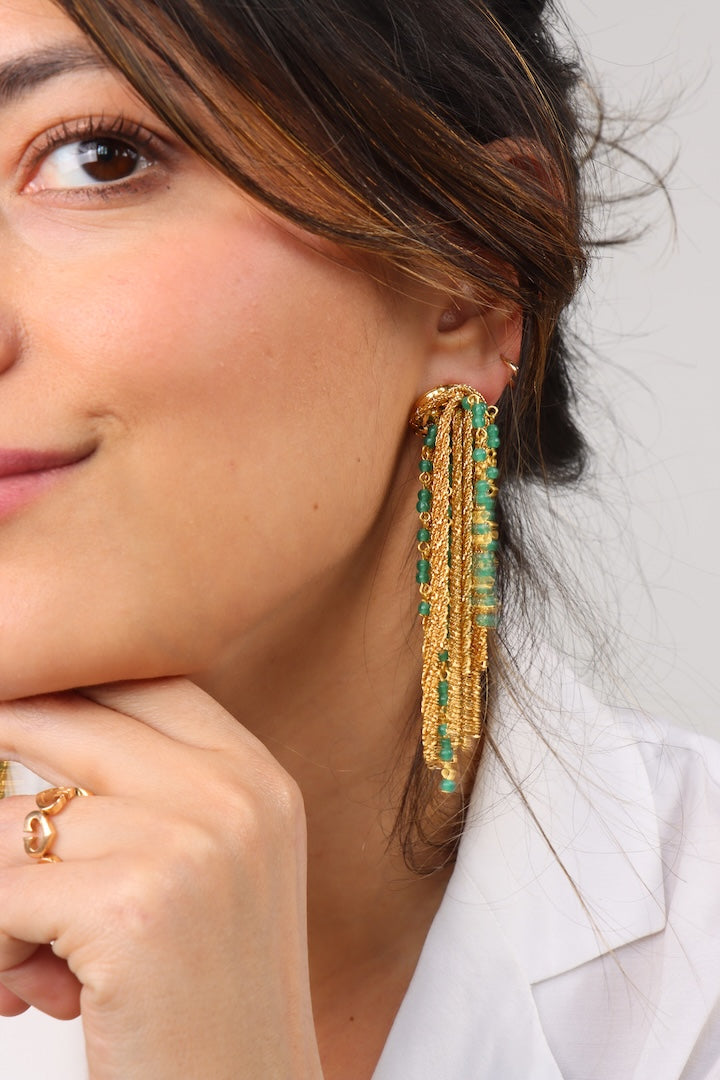 boucles d'oreilles Gonzague dorées perle verte longues bijou fait main 