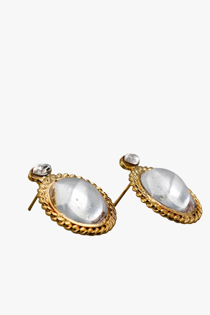 Boucles d'oreilles fermoir clip - dorée et en pâte de verre cristal transparent 