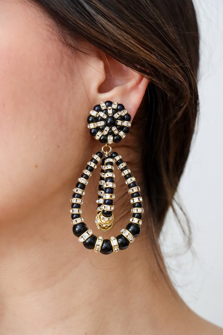 Paire de boucles d'oreilles fermoir clip avec perles noires et rondelles de strass dorée et argentée - bijou fait main 