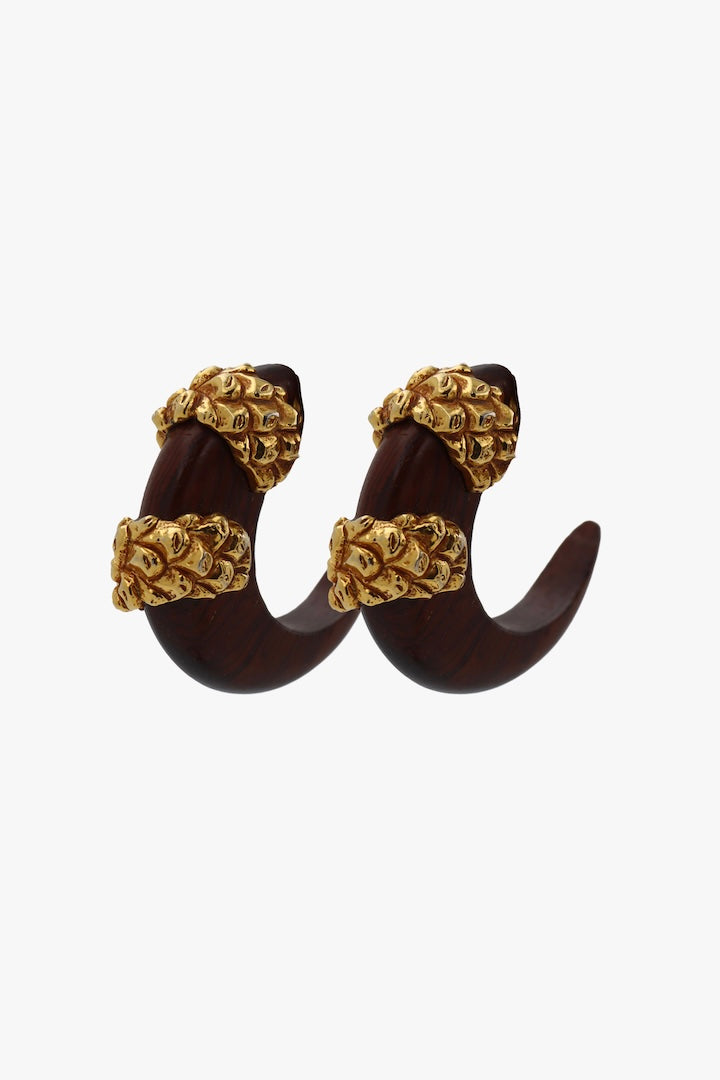 Boucles d'oreilles anneaux bois et doré créateur Dominique Aurientis - Créole Vintage Bon état
