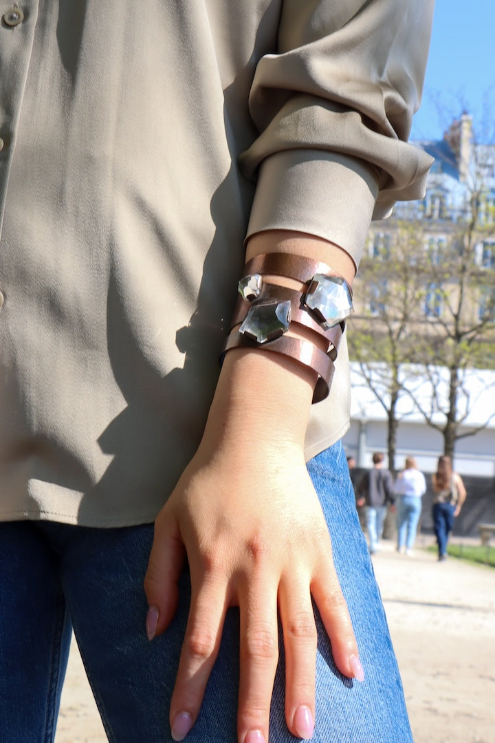 Manchette vintage créateur Van Der Straeten strass et marron Bracelet rigide bijou fait main 